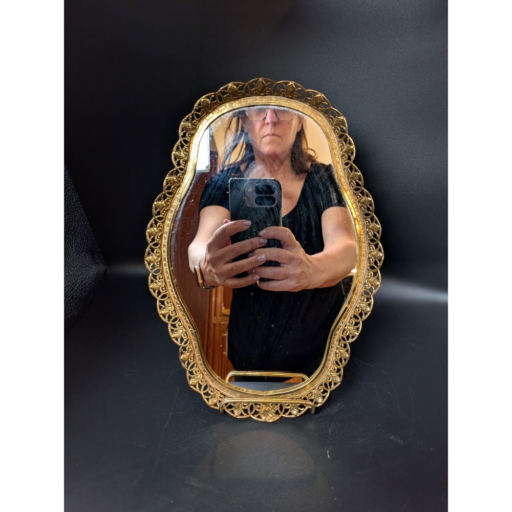 Vintage Hollywood Regency Gold Filigree Vanity Tray Mirror